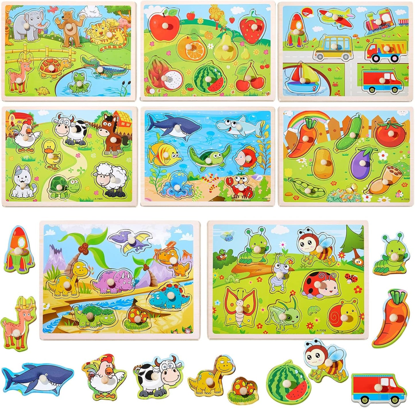 Chivao 8 Pack Wooden Peg Puzzles for Toddlers 2 3 4 5 Years Old Wood Peg Puzzle Animals Wood Jigsaw Puzzles with Animal Vehicle Fruit Shapes, Learning Educational Toy Kids Puzzle for Girls and Boys