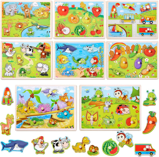 Chivao 8 Pack Wooden Peg Puzzles for Toddlers 2 3 4 5 Years Old Wood Peg Puzzle Animals Wood Jigsaw Puzzles with Animal Vehicle Fruit Shapes, Learning Educational Toy Kids Puzzle for Girls and Boys
