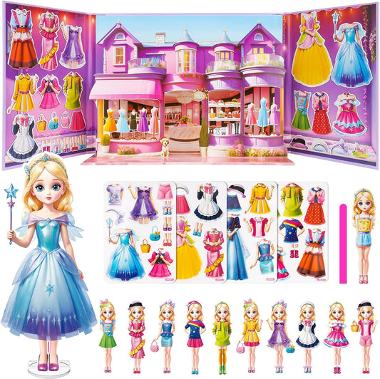 Magnetic Dress Up Dolls for Girls - Princess Magnet Paper Dolls Book with 3D City Buildings - Travel Car Trip Quiet Book Game Toys Easter Birthday Gifts for Kids Toddlers Ages 3 4 5 6 7(Style C)