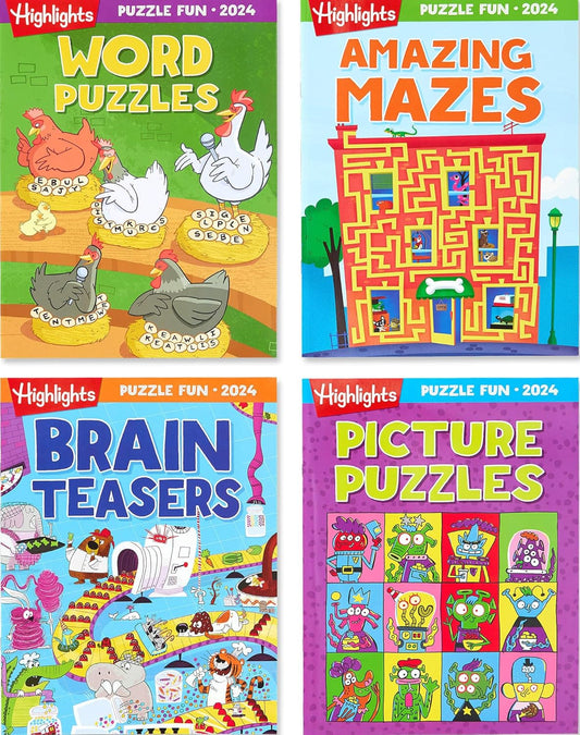 Highlights for Children Puzzle Fun 2025 Books for Kids Ages 6 and Up, 4-Book Set of Brain Teasers, Mazes, Word Puzzles and More Travel-Friendly Screen Free Kids Puzzles