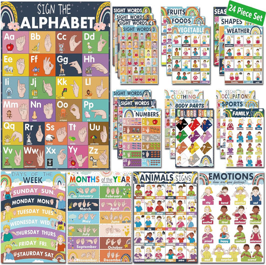 YIYDONG 24 Boho American Sign Language Posters for Kids, Babies & Toddlers, ABC ASL Flash Cards, Classroom Decor