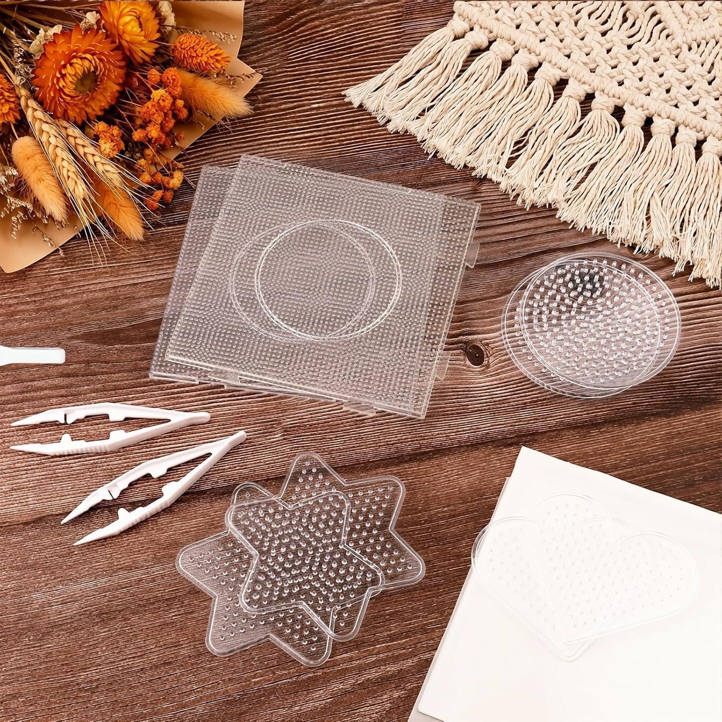 8 PCS 5mm/2.5mm Clear Fuse Beads Pegboards with 10 Sheets Ironing Paper/8 Tweezers/8 Keychain Rings, Perlerbeads Boards Pegboards for DIY Arts and Crafts Supplies Beads