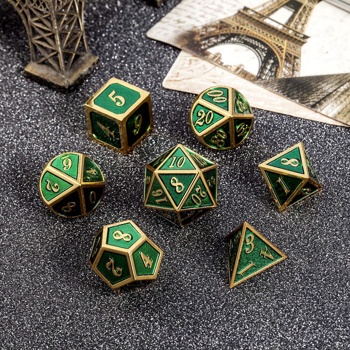 DnDnD Heavy Polyhedral Metal Dice Set with Metal Box, 7-die Shiny Blue Surface with Golden Number for RPG,Dungeons and Dragons,Pathfinder,Shadowrun,D&D,Role Palying Game and Math Teaching - Colors A