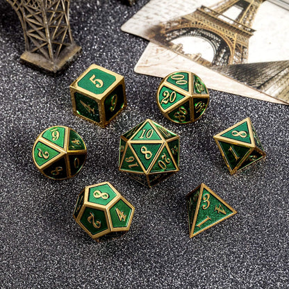 DnDnD Heavy Polyhedral Metal Dice Set with Metal Box, 7-die Shiny Blue Surface with Golden Number for RPG,Dungeons and Dragons,Pathfinder,Shadowrun,D&D,Role Palying Game and Math Teaching - Colors A