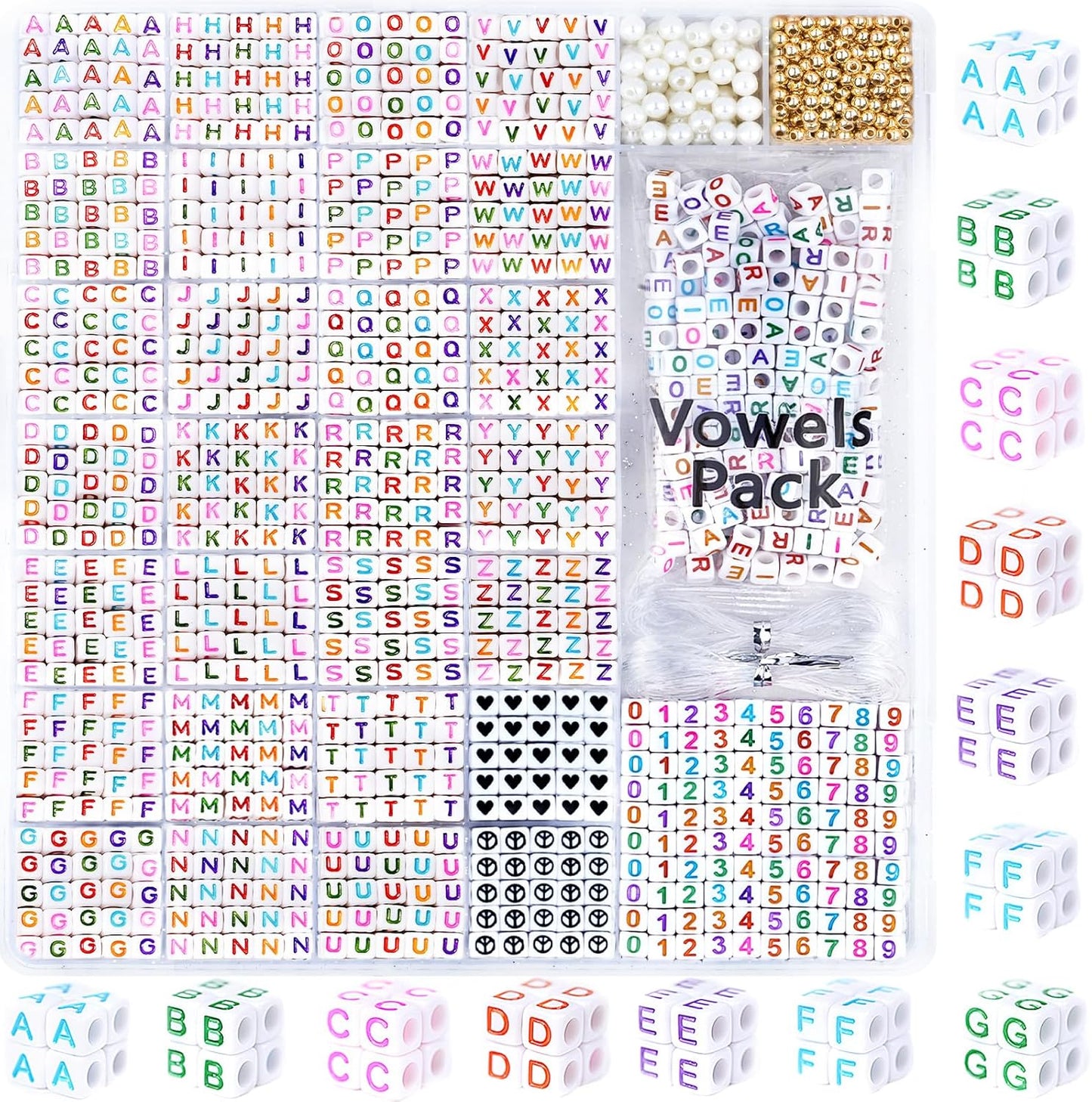 DoDoBeads 1270 Pcs Letter Beads Kit, White and Colorful Square Acrylic Alphabet Beads with Extra Vowels, Numbers & Spacers, Perfect for Friendship Bracelets