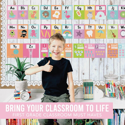 Hadley Designs Alphabet for Classroom Wall Decor - ABC Posters for Classroom Wall Chart Preschool & Kindergarten, ABC Letters & Number Line Elementary, Alphabet Cards, Pastel Classroom Decor