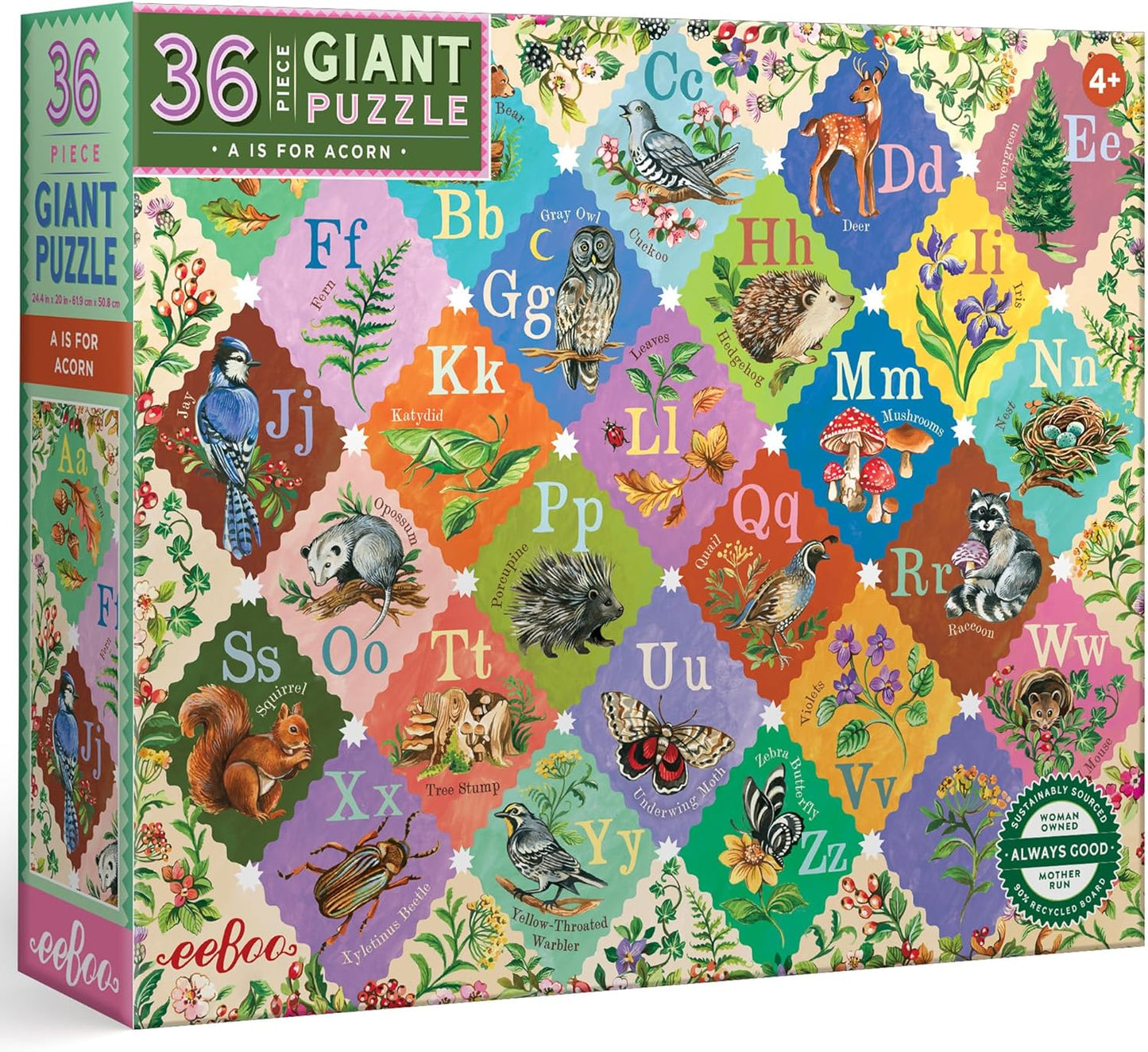 eeBoo 36 Piece Giant Floor Puzzle - Dinosaur Alphabet Children's Puzzle ABC & Dino Themed, Large Pieces for Small Hands to Develop Motor Skills