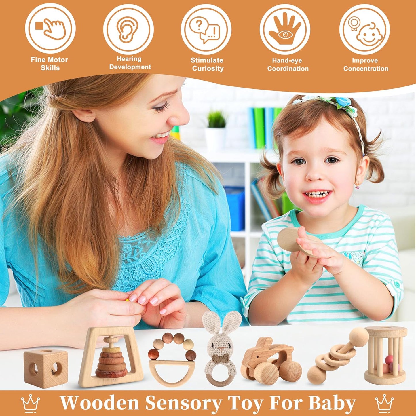 Wooden Rattles for Baby, 7PCS Wooden Montessori Toys for 7-24 Months Baby Boy Girl, Natural Beech Wood Grasping Toy, Gift for Babies