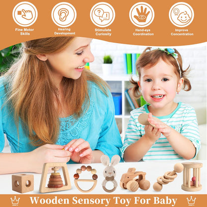 Wooden Rattles for Baby, 7PCS Wooden Montessori Toys for 7-24 Months Baby Boy Girl, Natural Beech Wood Grasping Toy, Gift for Babies