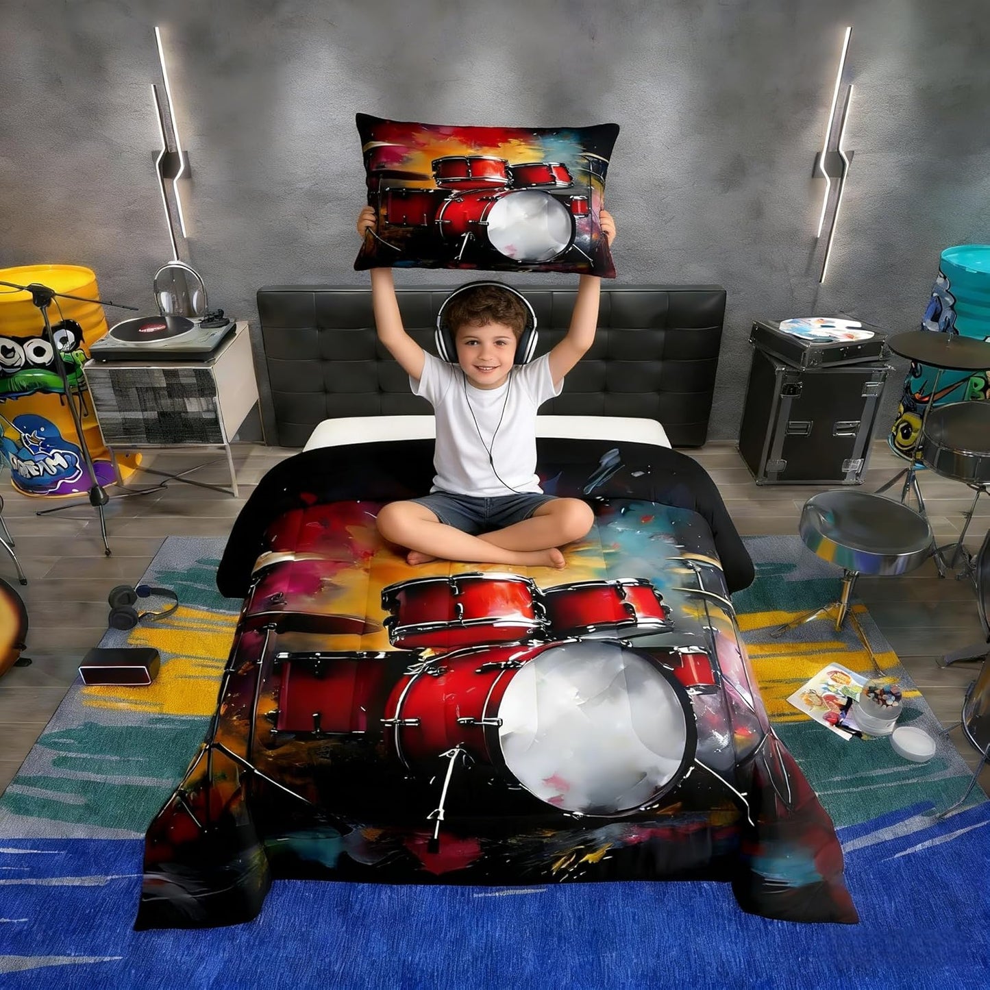 Erosebridal Drum Kit 3D Print Kids Comforter Sets Rock Music Themed Full Bedding Set for Boys Girls Musical Pattern Comforter Set,Colorful Retro Style Quilt Duvet 3 Pcs