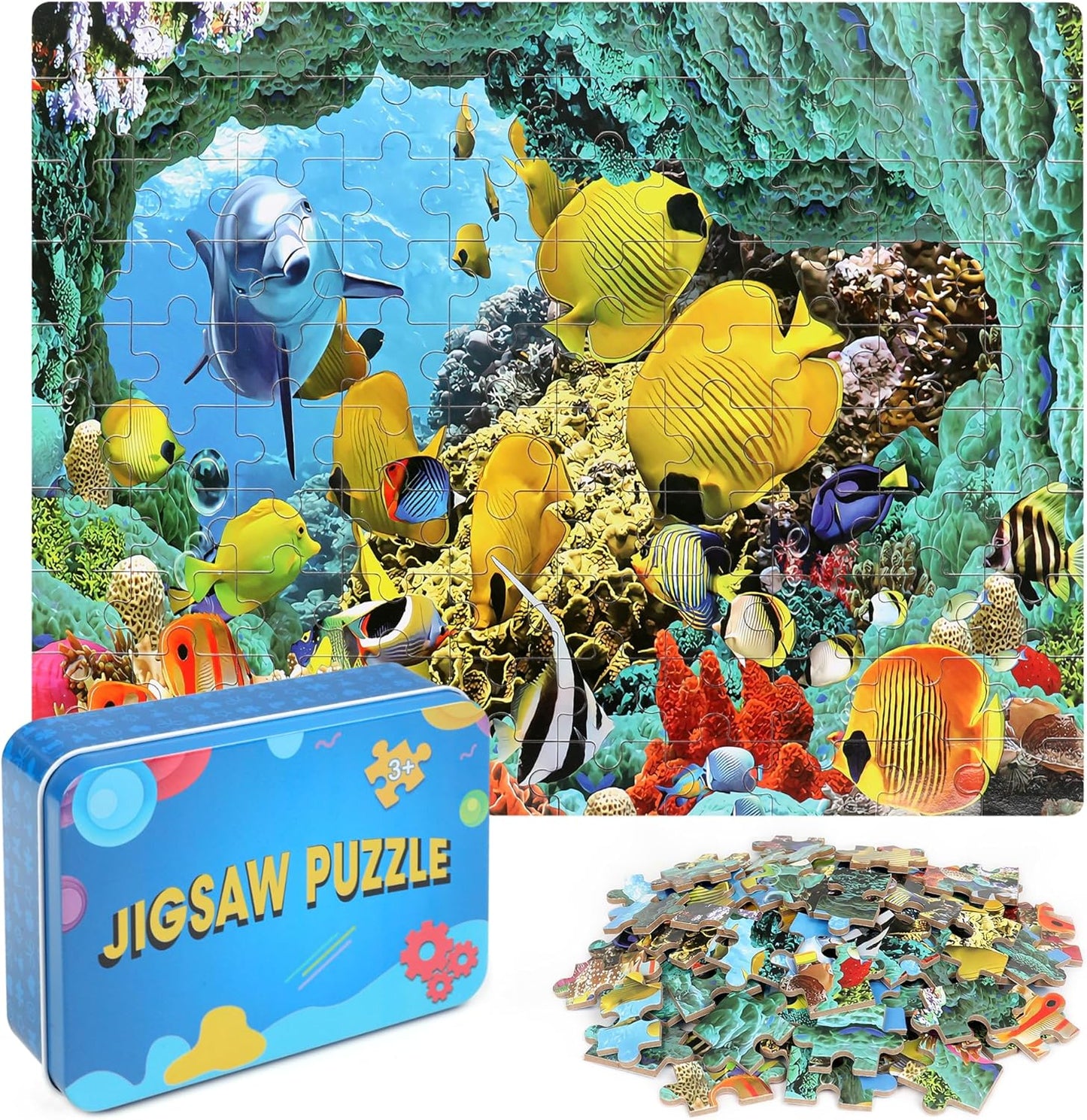 LELEMON 100 Pieces Jigsaw Puzzles in a Metal Box for Kids Age for 4-8 Boys Girls Toy Puzzles Construction Site Vehicles Children Learning Educational Puzzles Toys