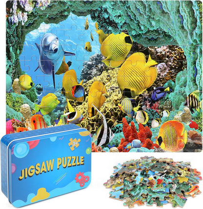 LELEMON 100 Pieces Jigsaw Puzzles in a Metal Box for Kids Age for 4-8 Boys Girls Toy Puzzles Construction Site Vehicles Children Learning Educational Puzzles Toys