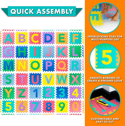 ProSource Kids Puzzle Alphabet, Numbers, 36 Tiles and Edges Play Mat, 12" by 12", Abc & 123