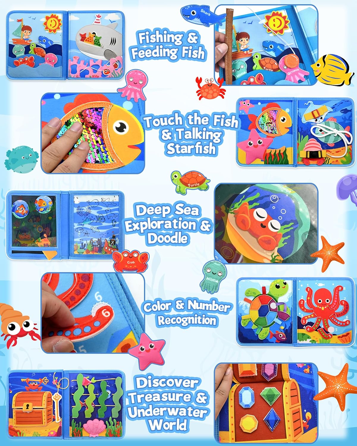 Ocean Busy Book for Toddlers 1-3, Montessori Quiet Book with Sea Animals, Fine Motor Skills Activities, Educational Travel Toy for 1 2 3 Year Old Boys Girls, Soft Felt Learning Toy for Travel
