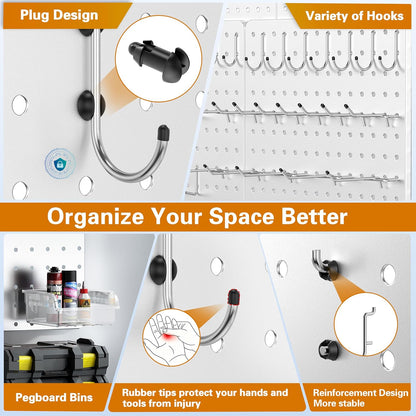 Peg Board, 112PCS Heavy Duty Metal Pegboard with Hooks, 6 Pack Black Peg Board Panels, 60lbs Load Capacity Each, Pegboard Wall Organizer for Garage, Workshop, Kitchen, Craft Rooms