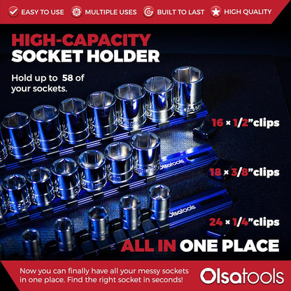 Olsa Tools Aluminum Socket Organizer, 3pc Set - Yellow Socket Holder Kit 1/2-Inch, 3/8-Inch, and 1/4-Inch Drive - Holds 58 Chrome or Impact Sockets - Professional Grade Socket Rails - Part: 1110
