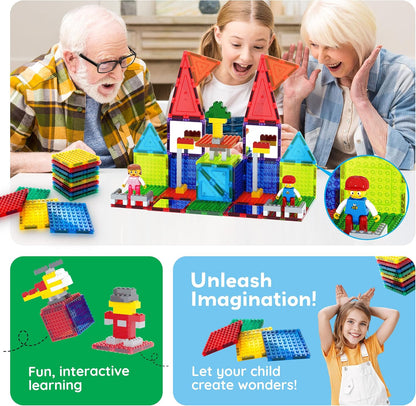 PicassoTiles 333pcs Magnetic Brick Tile and Magnetic Tile Combo Set, Action Figures included, Building Blocks STEM Toys, Educational Montessori Preschool Toddler classroom learning toys, Kids activity
