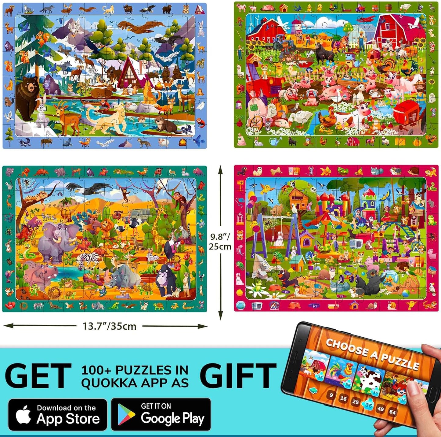 QUOKKA Puzzles for Kids Ages 4-6 - Toddler Puzzles Ages 3-5 - 4-Pack 60 Piece Search and Find Animals Jigsaw Puzzle 6-8 - Learning Toys for 3 Year Old Boys and Girls - Educational Games Gift