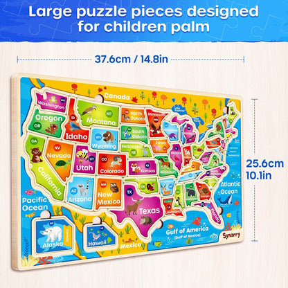 SYNARRY Large USA World Wooden Puzzles for Kids Ages 4-6, Learning United States World Maps Puzles for Kids Ages 6-8, Wood Jigsaw Puzzles Educational Games Toys Gifts for Boys Girls Ages 3-8