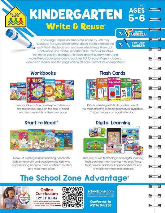 School Zone Kindergarten Write & Reuse™ Workbook: 52 Wipe-Clean Pages, Spiral-Bound, Early Math, ABCs, Counting, Ages 5-6, Includes Dry-Erase Marker