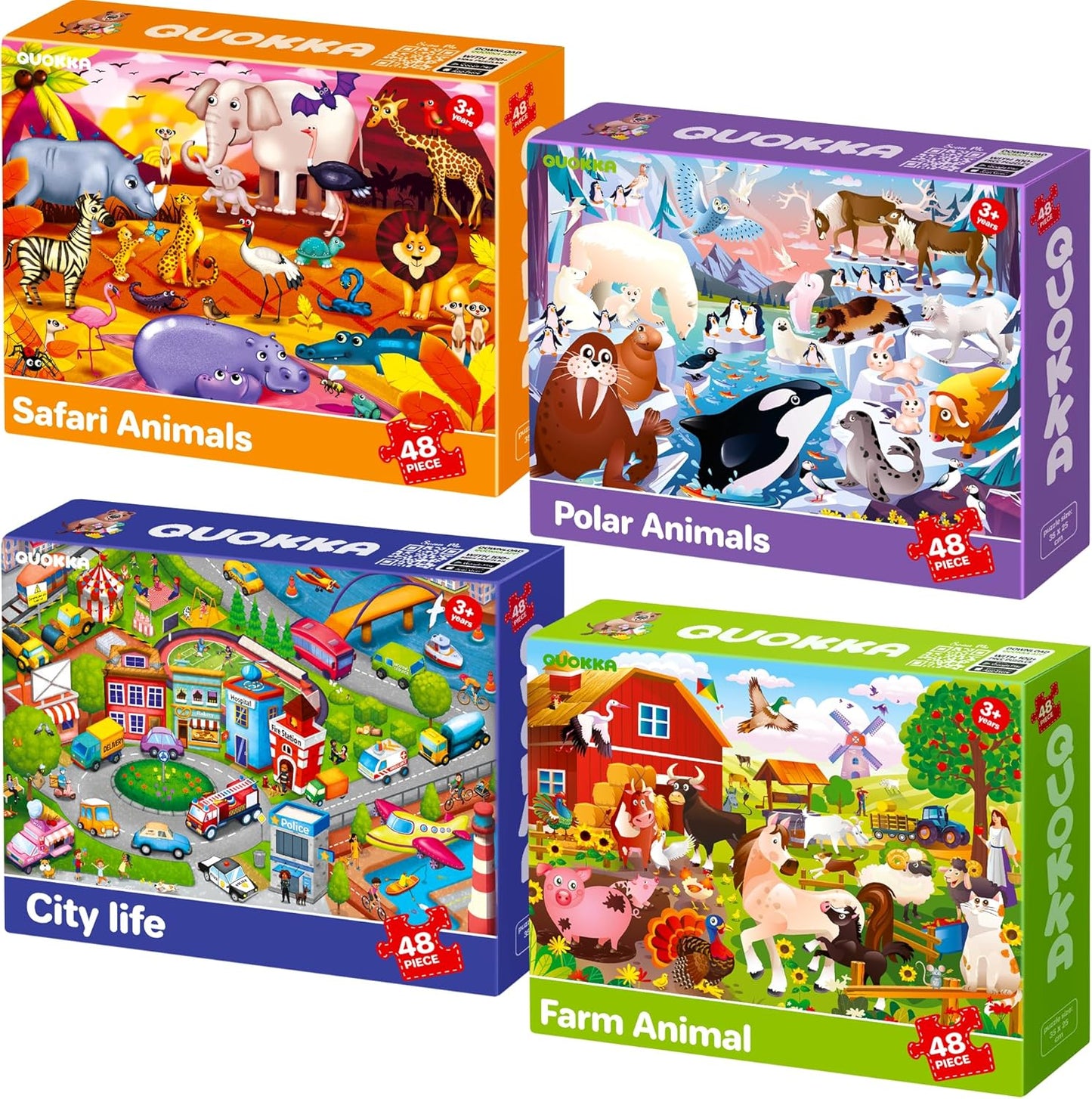 QUOKKA Puzzles for Kids Ages 4-6 – 4 x 48 Pieces Jigsaw Puzzles for Toddlers 2-4 – Children's Game Ages 3-5 for Learning Farm Animals – Educational Preschool Toy for Boys and Girls 4-8 Years Old