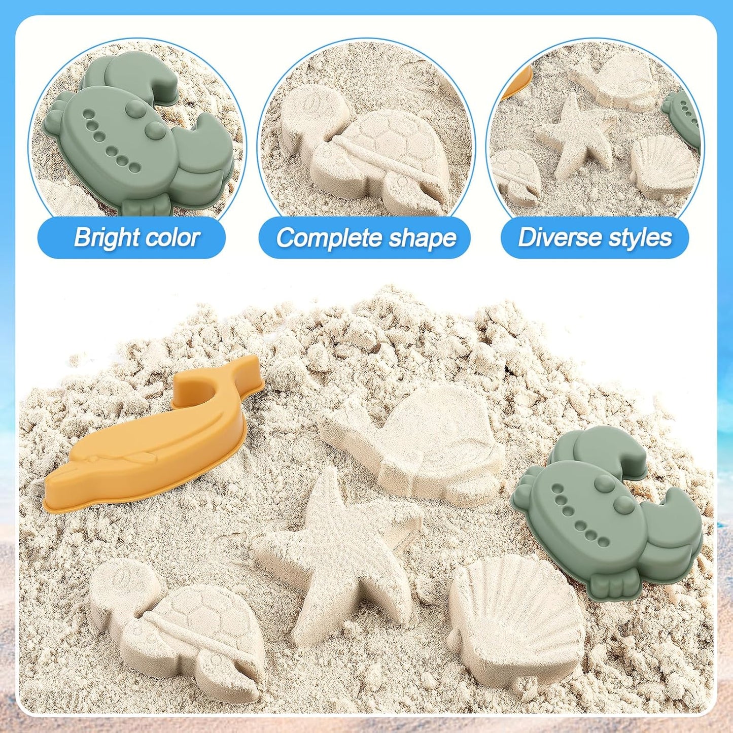 Biubee 9Pcs Silicone Sand Toys for Baby with Portable Beach Bag - Kids Beach Set with Beach Toy Molds Shovel Bucket Set - Toddler Sandbox Toys for Kids Outdoor Summer Playset
