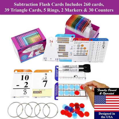 Think2Master Addition Flash Cards. Learn to Add & Subtract by Counting, Writing, Understanding & Memorizing. 260 Laminated Cards, 39 Triangle Cards, 2 Dry Erase Markers, 5 Rings & 30 Counters