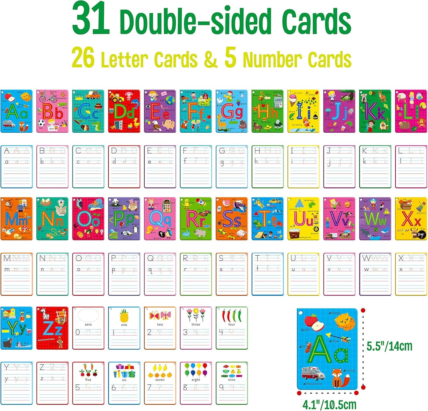 31 PCS Alphabet Flash Cards, Double-Sided Printing Dry Erase Letters Sight Words and Number Learning Cards Letter Tracing Practice Cards for Preschool, Kindergarten (2 Reclosable Rings & 2 Markers)