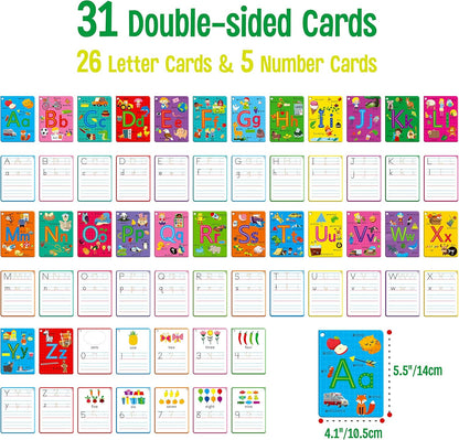31 PCS Alphabet Flash Cards, Double-Sided Printing Dry Erase Letters Sight Words and Number Learning Cards Letter Tracing Practice Cards for Preschool, Kindergarten (2 Reclosable Rings & 2 Markers)
