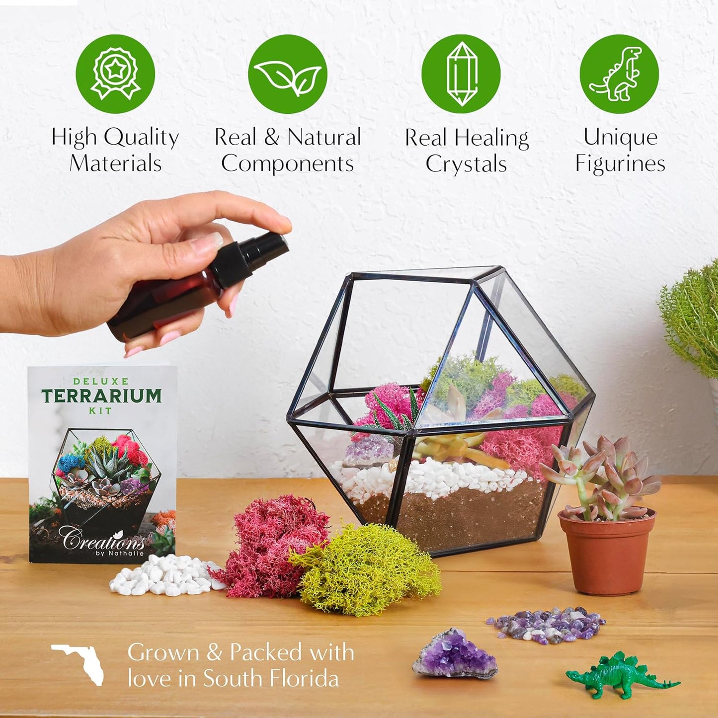 Creations by Nathalie – DIY Large Terrarium Starter Kit with Soil, Moss, Pebbles, Healing Crystal, Tools & Supplies – Terrarium Kit for Adults & Teens, Handcrafted in USA