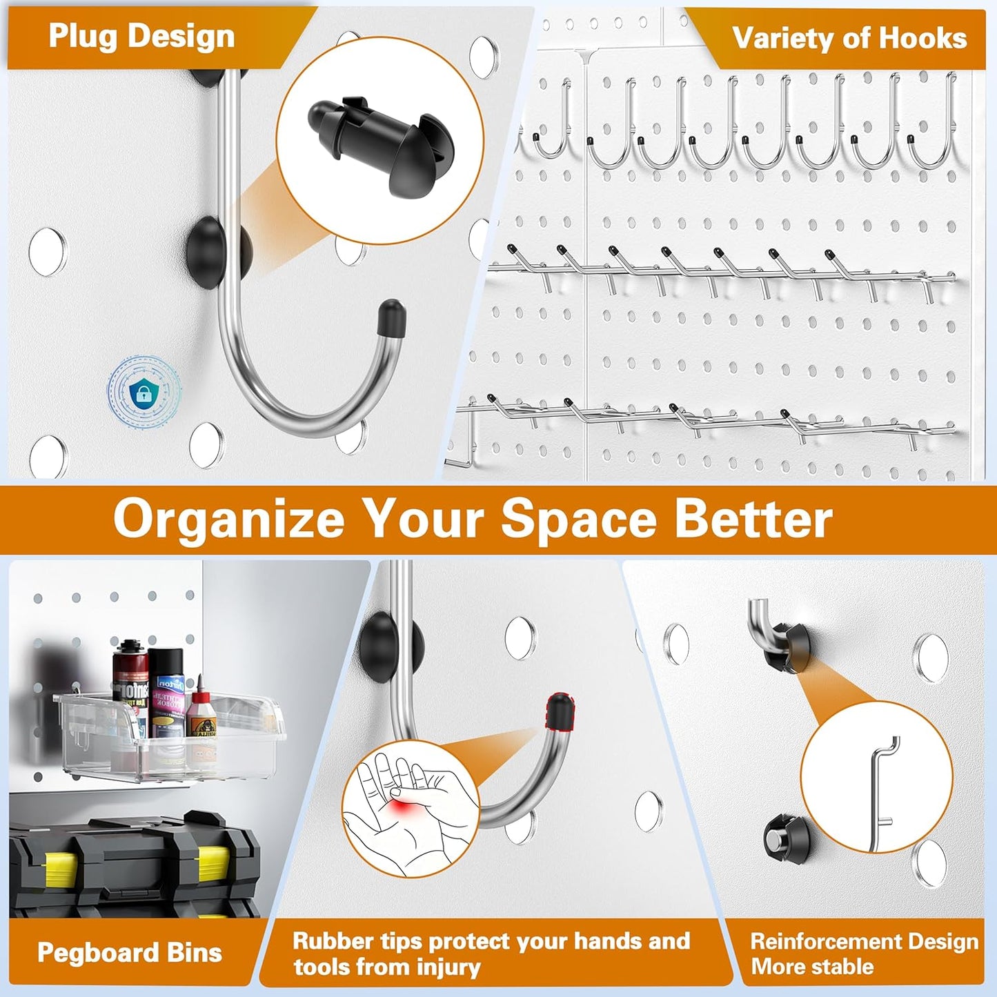 Peg Board, 112PCS Heavy Duty Metal Pegboard with Hooks, 6 Pack Black Peg Board Panels, 60lbs Load Capacity Each, Pegboard Wall Organizer for Garage, Workshop, Kitchen, Craft Rooms