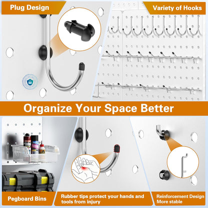 Peg Board, 112PCS Heavy Duty Metal Pegboard with Hooks, 6 Pack Black Peg Board Panels, 60lbs Load Capacity Each, Pegboard Wall Organizer for Garage, Workshop, Kitchen, Craft Rooms