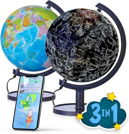 Interactive 10" Globe for Children with Stand (DIY) - App-Compatible, 400 Wonders, 1000+ Facts, LED Constellations, STEM Globe, World Lamp & Earth Decor