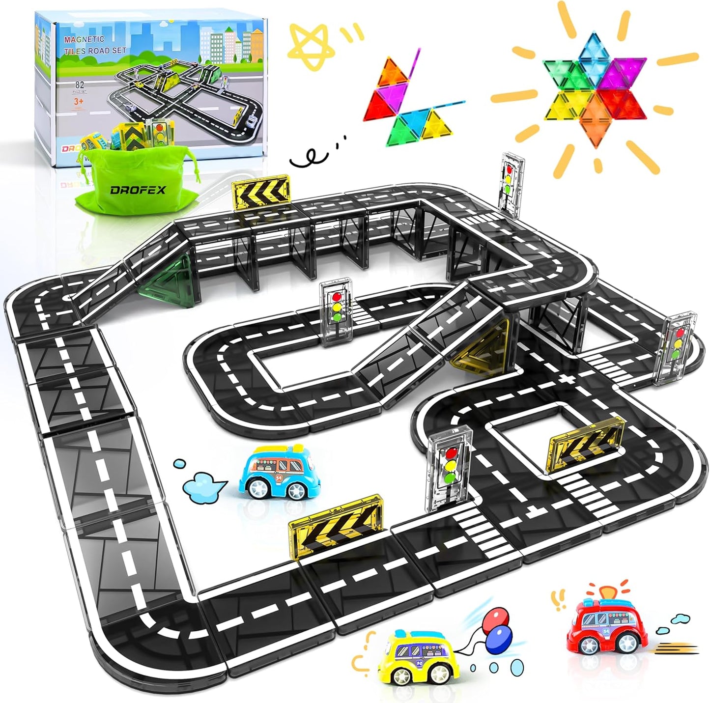 Drofex 42pcs Magnetic Tiles Road, Magnetic Building Blocks City Construction Toys for 3+Year Old Boys Girls, Kids Montessori Toys for Toddler, STEM Learning Gifts
