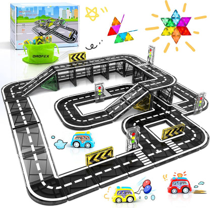 Drofex 42pcs Magnetic Tiles Road, Magnetic Building Blocks City Construction Toys for 3+Year Old Boys Girls, Kids Montessori Toys for Toddler, STEM Learning Gifts
