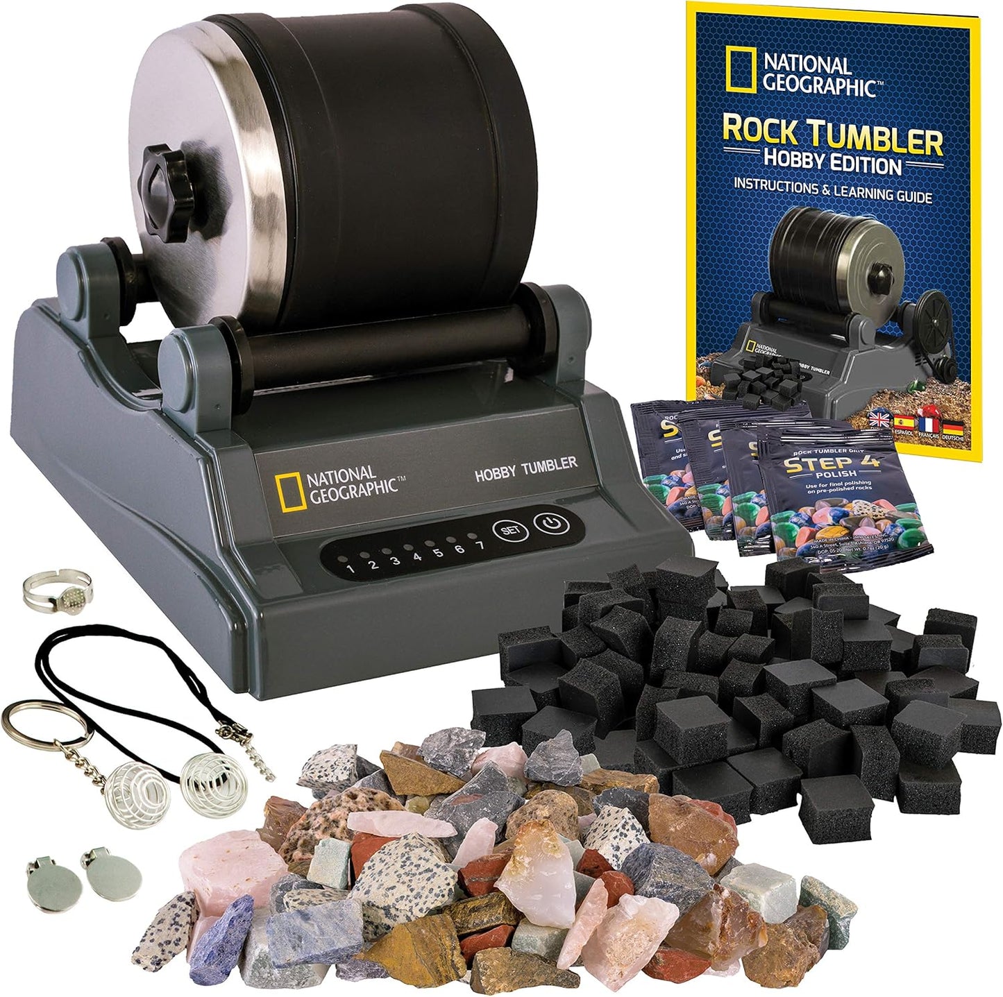 National Geographic Rock Tumbler Kit – Hobby Edition Includes Rough Gemstones, and 4 Polishing Grits, Great STEM Science Kit for Geology Enthusiasts, Rock Polisher for Kids and Adults