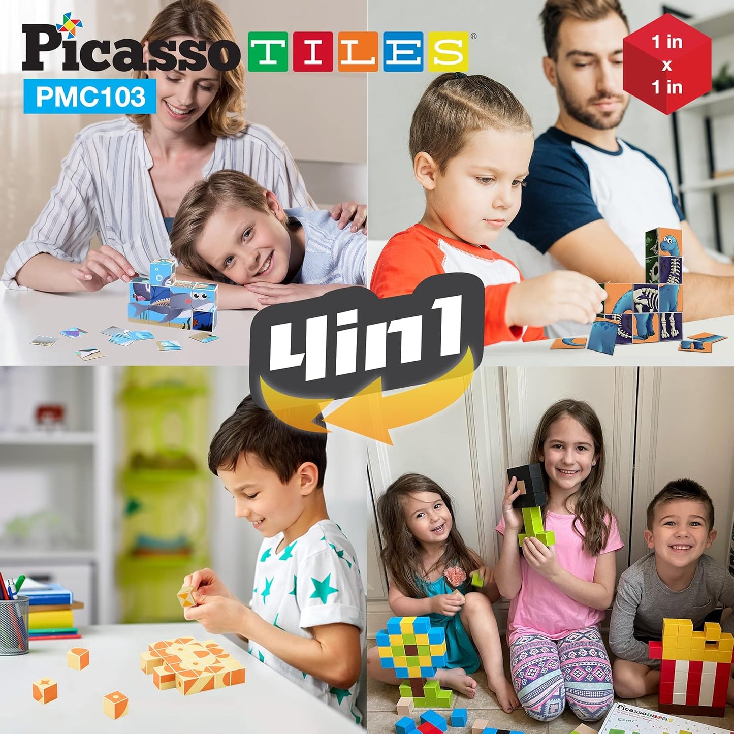 PicassoTiles 60pc Magnetic Puzzle Cube Building Set 1 Inch 3D Blocks STEM Construction Toy for Toddlers Kids Boys Girls Age 3+ Montessori Learning Travel Sensory Gift with Educational Idea Book PMC60