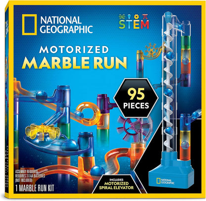 National Geographic Marble Run with Motorized Elevator - 150-Piece Marble Maze Kit with Motorized Spiral Lift, 30 Marbles, Storage Bag & More, Perpetual Motion Machine, Kids Physics Toys