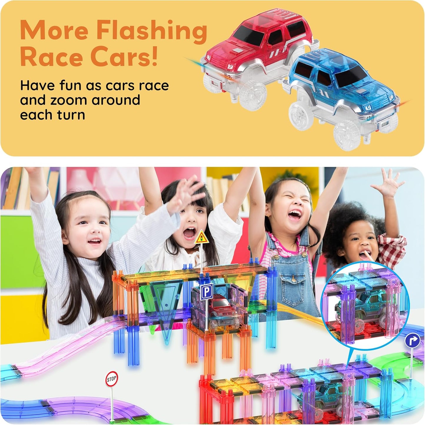 PicassoTiles 121pc Magnetic Tile Race Track Marble Run Magnet Tiles 3-in-1 Playset Car Racing Construction Set STEM Learning Early Education Building Toy Cars for School Toddlers Boys Girls Ages 3+