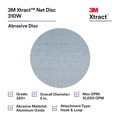 3M Xtract Net Disc 310W, 320+, 8 in, Die 800L, Pack of 50 Hook and Loop Sanding Discs, Virtually Dust-Free, Value Option for Metal, Wood, Composites, Stock Removal, and Fine Finishing