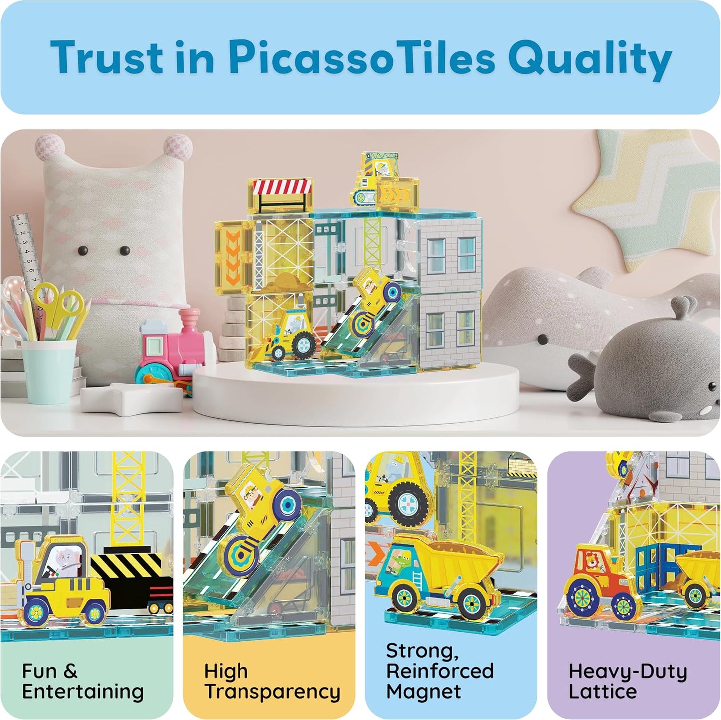 PicassoTiles Magnet Tiles Magnetic Building Blocks Aquarium Marine Animal Theme Set with 8 Character Action Figures Shark Crab Turtle STEM Toys Construction Preschool Toddlers Kids Boys Girls 3+ PTQ15