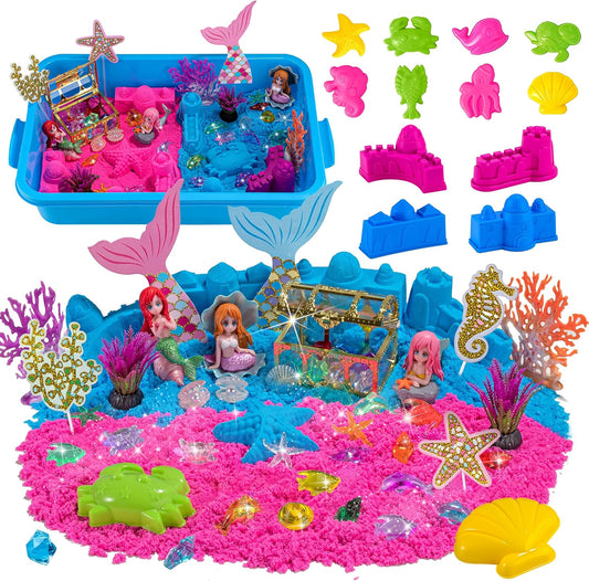 Mermaid Sensory Bin, Play Sand Box Toys with 2.65lbs Colored Sand, 12 Ocean Animals & Castle Molds, 3 Mermaid Action Figures, 2 Tools and 42Pcs Treasure & Accessories, Beach Toys for Kids Ages 3-8