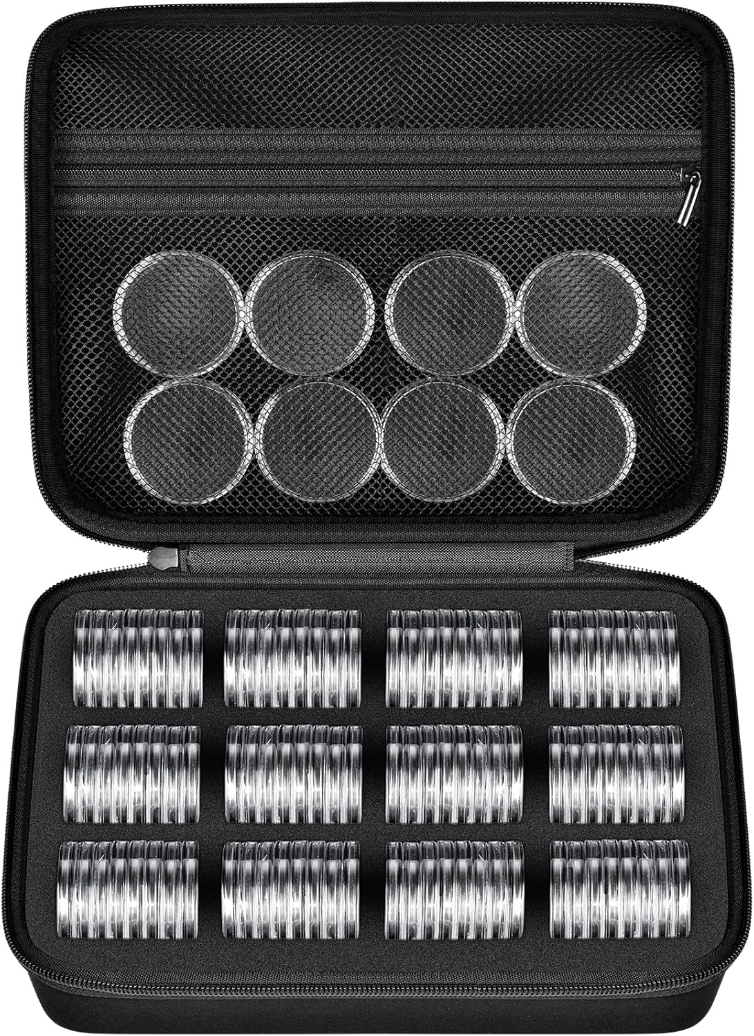 PAIYULE 96 Pieces 46mm Coin Capsules, with Foam Gasket and Plastic Storage Organizer Box, 6 Sizes (20/25/27/30/38/46mm) Coins Collector Case Holder for Coin Collection Supplies(Black)