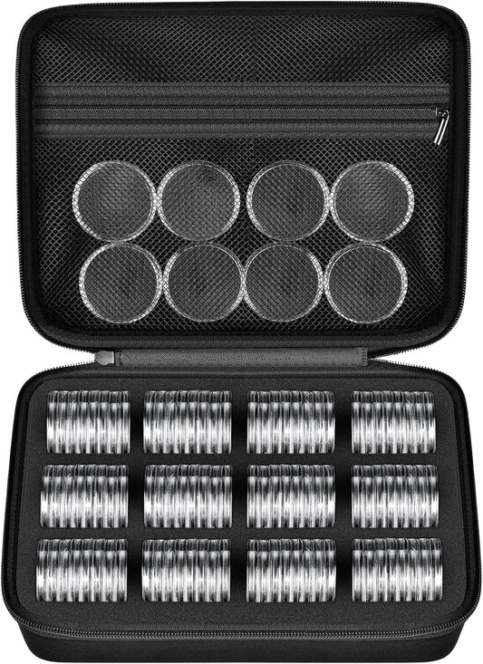 PAIYULE 96 Pieces 46mm Coin Capsules, with Foam Gasket and Plastic Storage Organizer Box, 6 Sizes (20/25/27/30/38/46mm) Coins Collector Case Holder for Coin Collection Supplies(Black)
