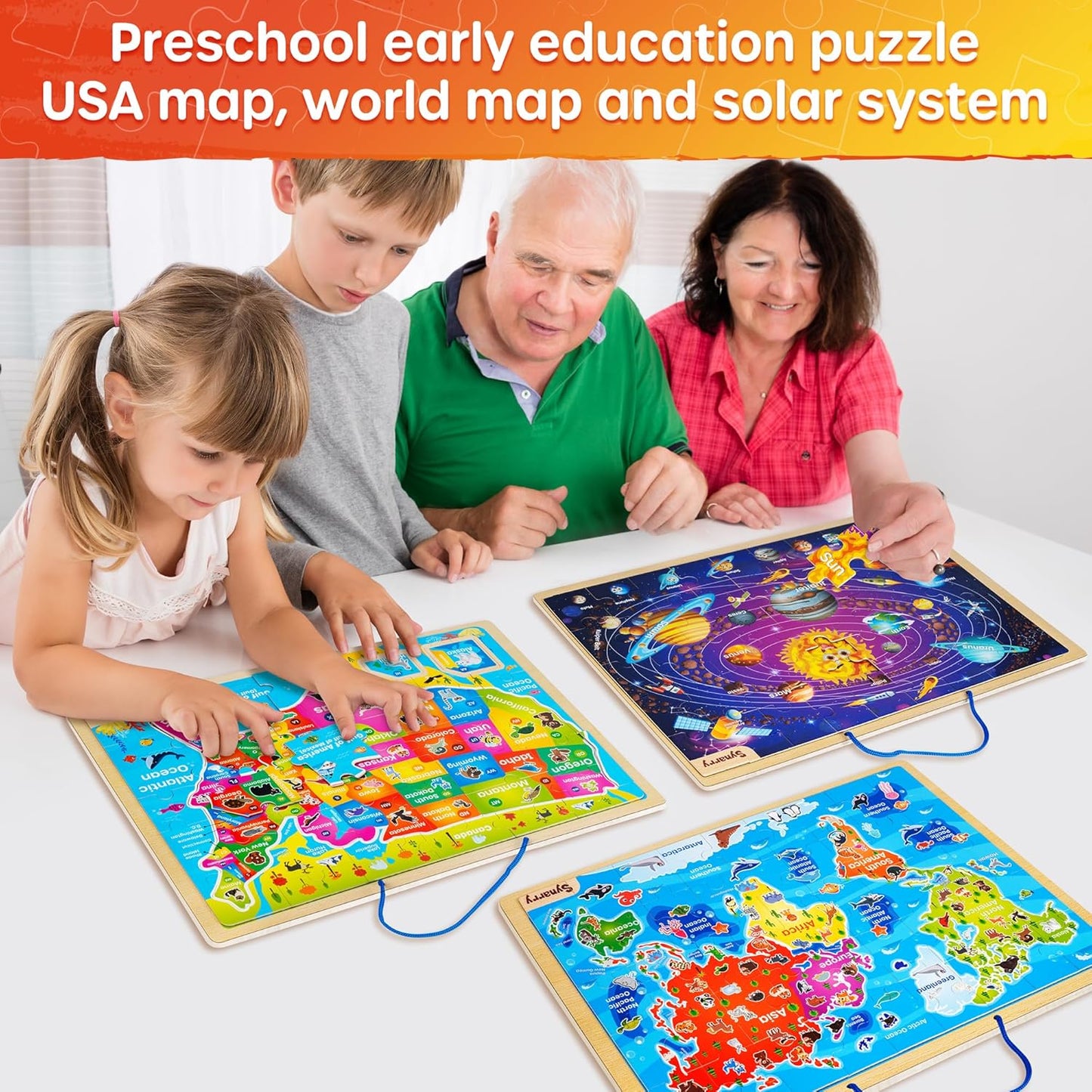 SYNARRY Large USA World Wooden Puzzles for Kids Ages 4-6, Learning United States World Maps Puzles for Kids Ages 6-8, Wood Jigsaw Puzzles Educational Games Toys Gifts for Boys Girls Ages 3-8