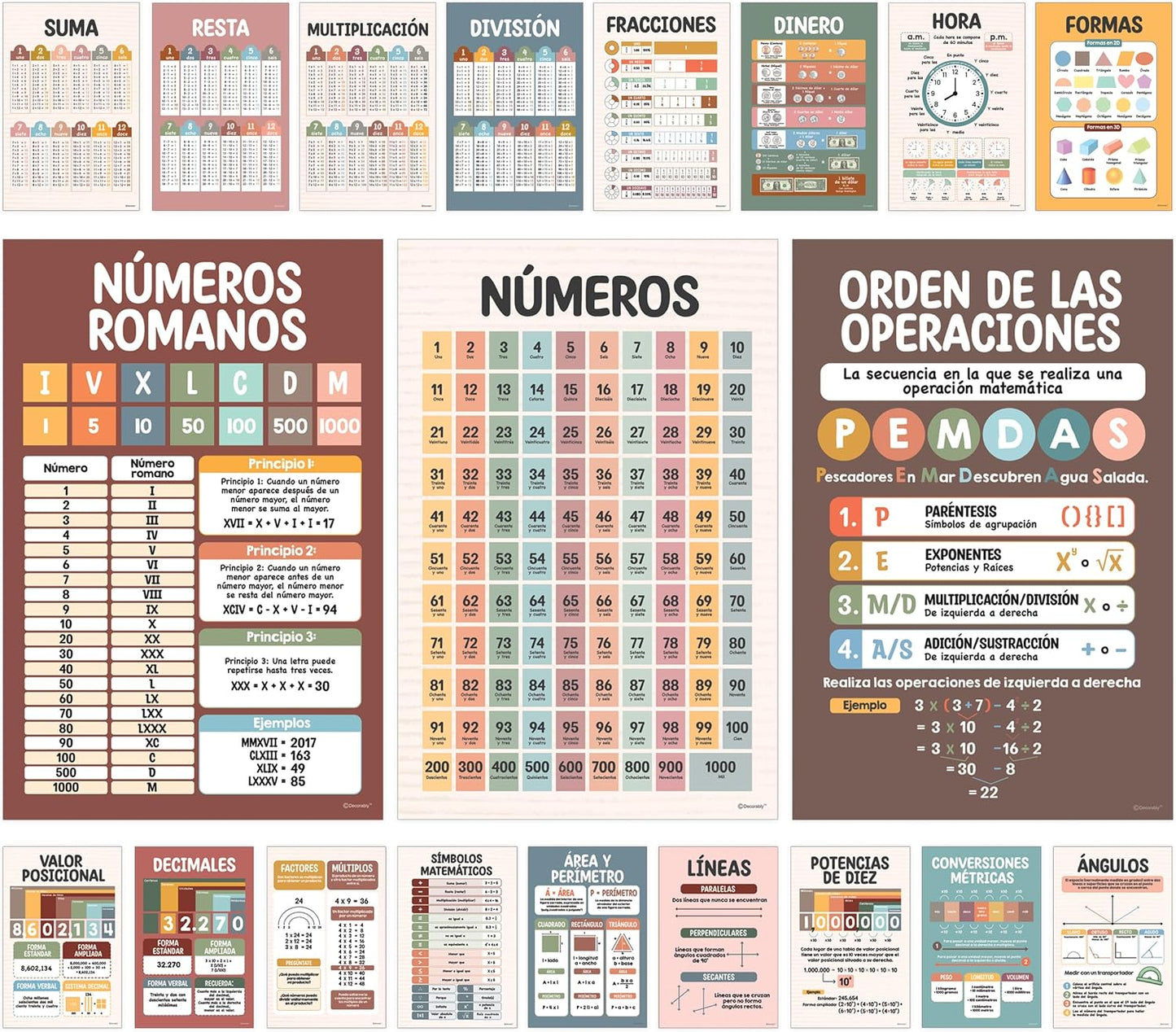 Decorably 20 Boho Spanish Math Posters for Classroom, 11x17in Educational, Matte-Laminated Classroom Decor - for Hallways, Bulletin Boards, Home Study Room