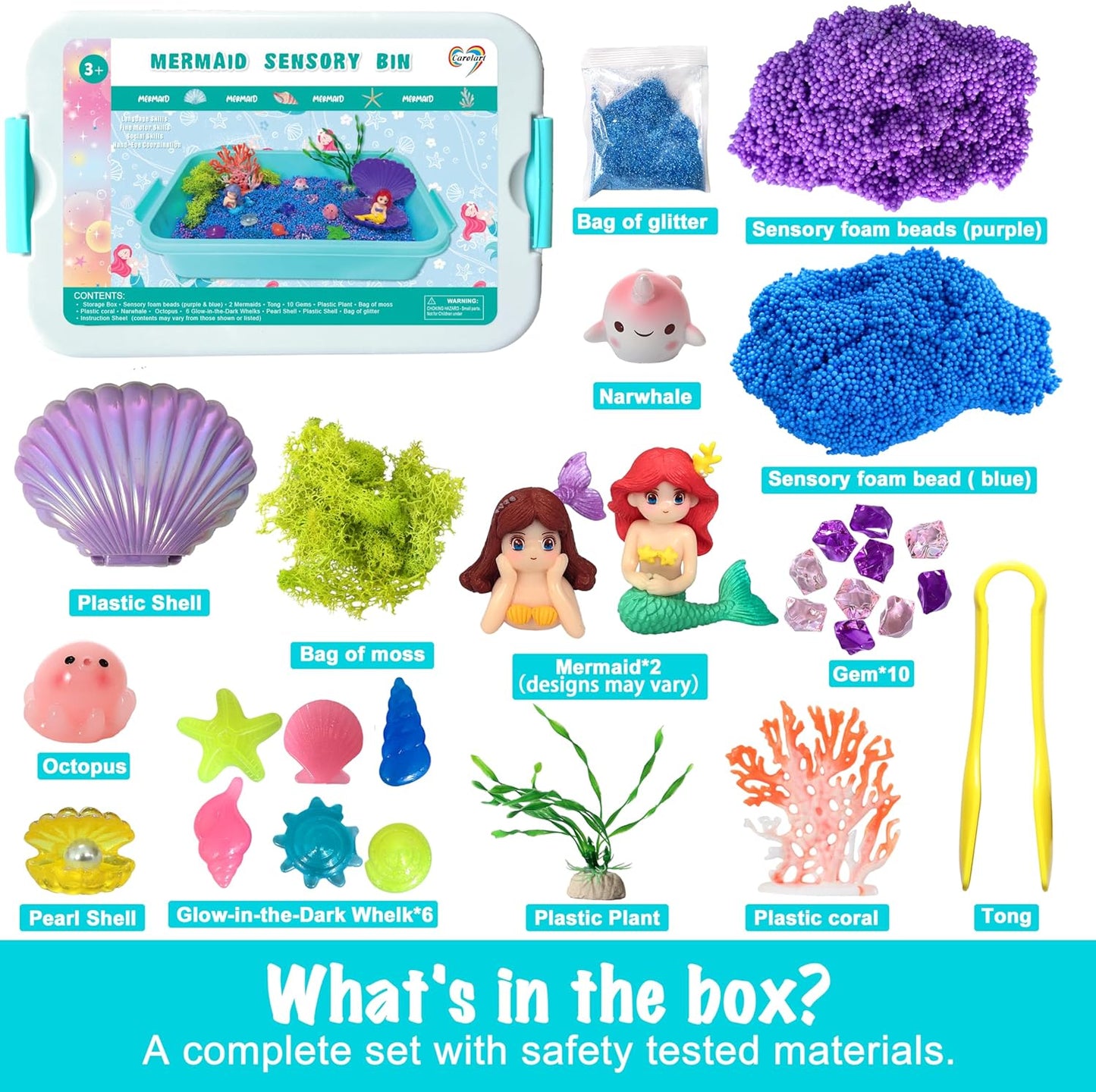 Carolart Mermaid Sensory Bin,Ocean Sensory Play Kit for Girls with Sensory Foam Beads and Storage bin, Ocean Sensory kit,Toddler Toys Ages 3 4 5 6 7 8