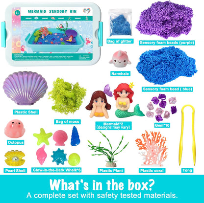 Carolart Mermaid Sensory Bin,Ocean Sensory Play Kit for Girls with Sensory Foam Beads and Storage bin, Ocean Sensory kit,Toddler Toys Ages 3 4 5 6 7 8