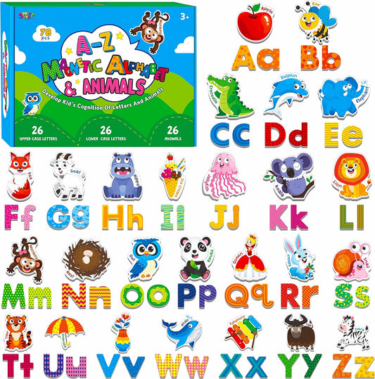 Large Magnetic Letters and Animals, Educational Learning Tool for Kids Word Recognition 52 Pieces Magnets Include 26 Colorful Alphabet Letters and Corresponding Cartoon Images