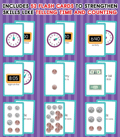 Carson Dellosa 54 Time and Money Flash Cards, Flashcards With Counting Currency and Analog and Digital Clock Practice, Kindergarten Learning Activities and Math Games for Kids 5-7